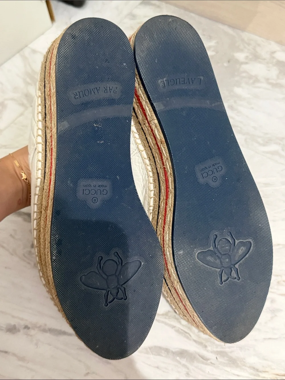 Gucci White Quilted Leather Platform Espadrille Sneakers with Red & Navy Stripes